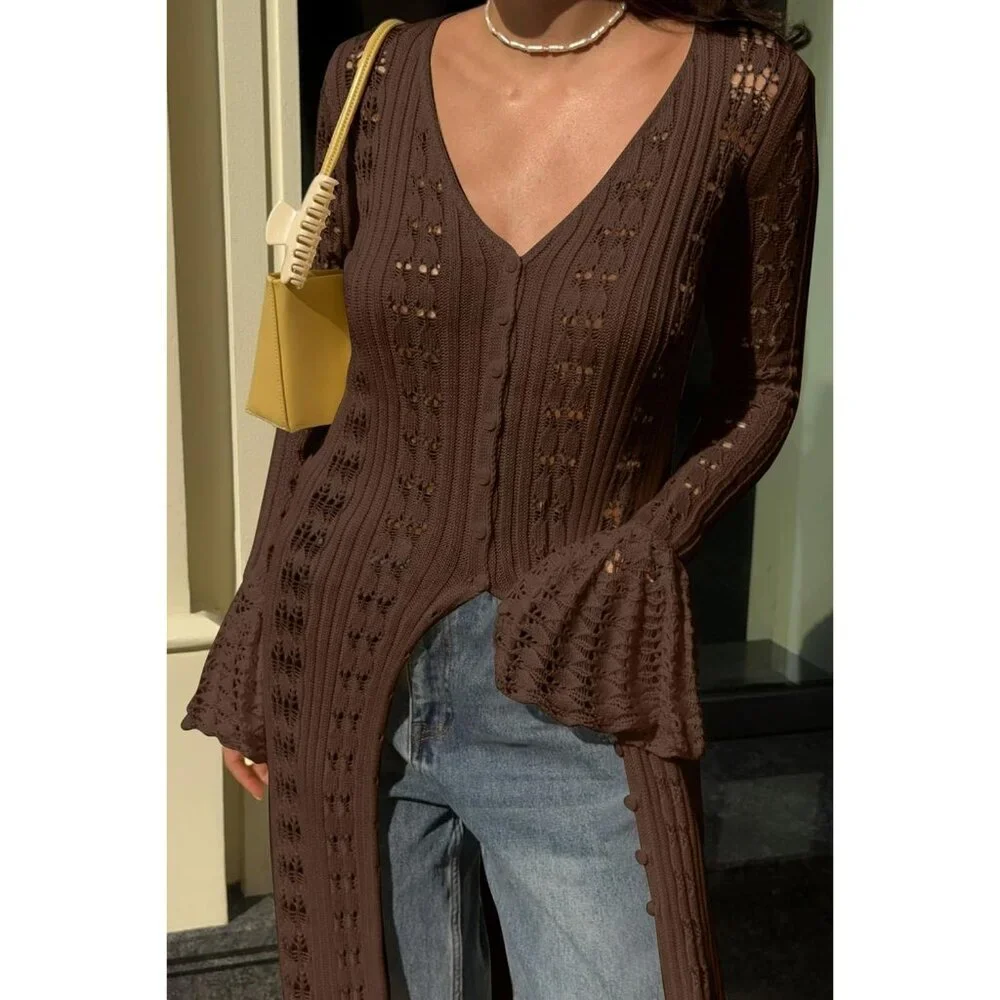 Maxi Long Brown Cardigan Sweaters For Women Sleeve Ruffle Cover Up Fall Dress